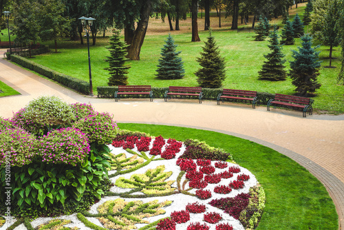 Beautifully arranged flower garden with benches in a park during the daytime