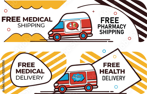 Cartoon Medical Delivery Van Vector Illustration Set for Online Pharmacy Services.