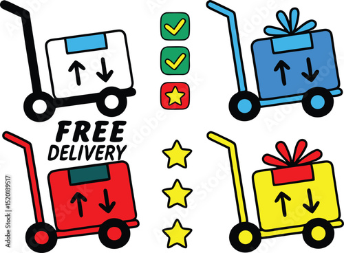 Colorful Delivery Carts with Boxes, Checkmarks, and Stars Illustrating Different Stages of Order Fulfillment.