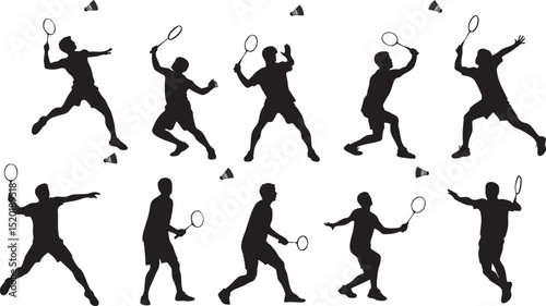 Badminton player action pose silhouette vector set for sports illustration