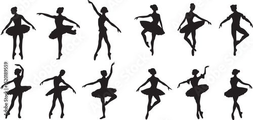 Dance movement black silhouette set of ballerina poses and choreography

