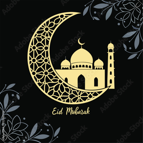 Eid Mubarak greeting with mosque, crescent moon and floral patterns