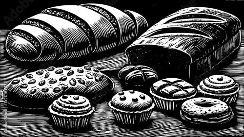 A black and white sketch vector of bakery items: croissant, bread, cupcakes, cookies, hand-drawn in ink