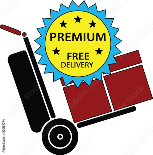 Premium free delivery icon on hand truck, shipping service, special offer concept.