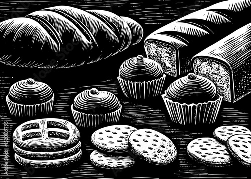 A black and white sketch vector of bakery items: croissant, bread, cupcakes, cookies, hand-drawn in ink