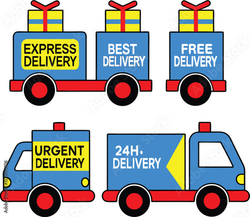 Colorful Cartoon Delivery Trucks with Express, Best, Free, Urgent, and 24 Hour Services.