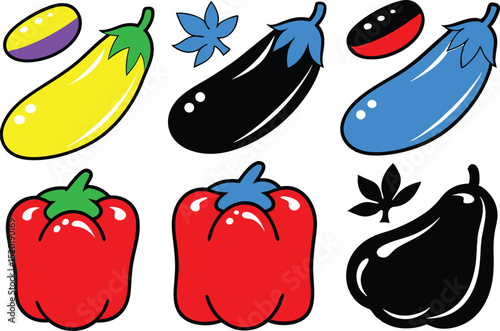 Cartoon vegetables: eggplants and bell peppers in various colors, with thick outlines.