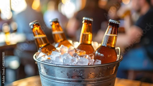 Refreshing Beer Bottles Chilling in Ice Bucket, Ideal for Summer Celebrations and Gatherings