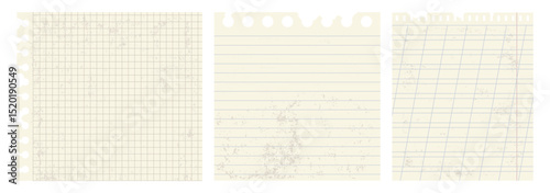 Ripped notebook paper sheets, lined pages from old notepad. Blanks with grunge realistic texture.