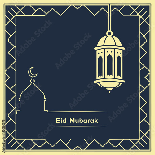 Eid Mubarak card with hanging lantern and mosque silhouette