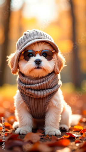 Cute white Maltese dog in sunglasses, hat, and scarf enjoying a walk in colorful autumn park. Cozy seasonal vibe.
