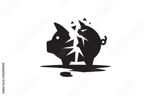 A broken piggy bank    silhouette with a simple, understated design set against a white background. 
