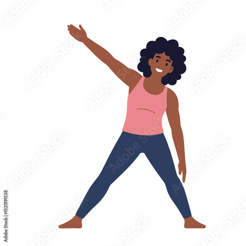 Young woman doing side stretch while standing with slight smile