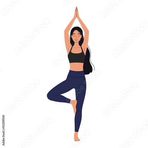 Vector illustration of a young adult balancing in tree pose (Vrikshasana)