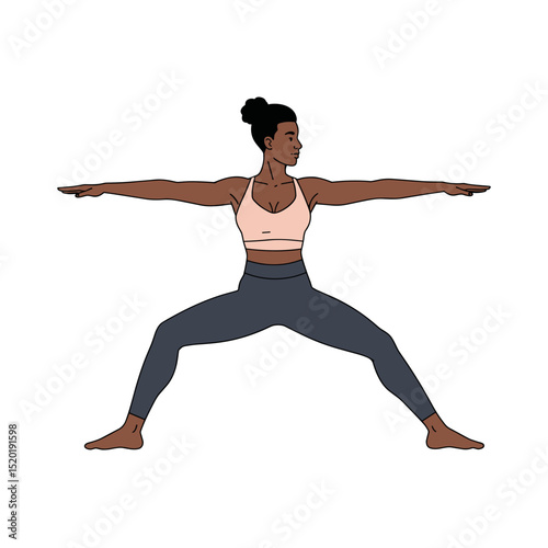 Young person in Warrior II pose (Virabhadrasana II), Illustration Isolated