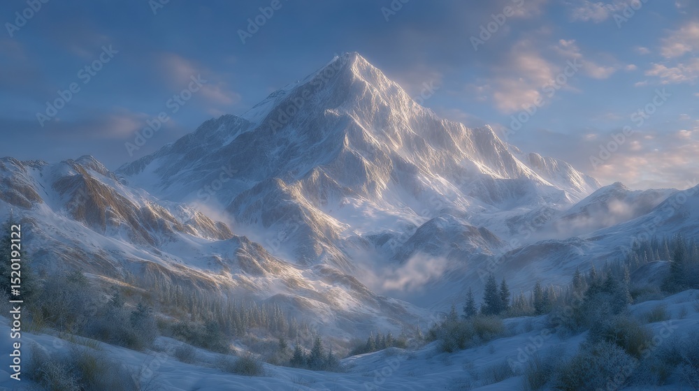 Fototapeta premium Majestic Snow Capped Mountain Peak at Sunrise