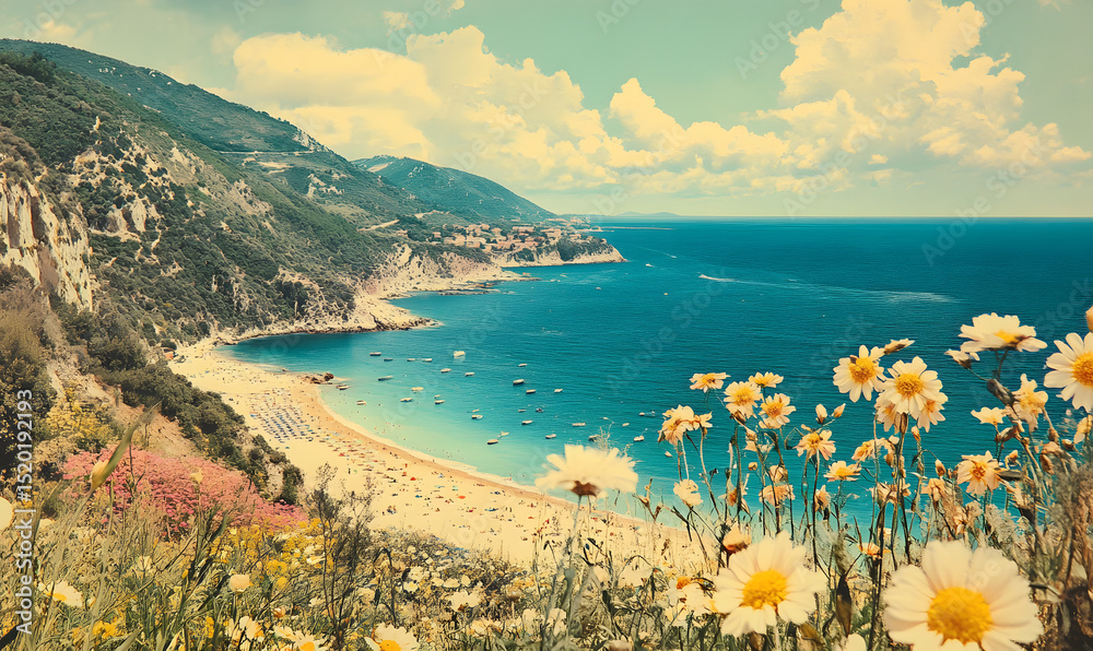 Naklejka premium Vintage 1970s Italian Coastal Landscape with Sunny Beach and Blooming Flowers, Retro Postcard Vibes, Summer Day, Tranquil Seaside Scenery, Historical Mediterranean, Generative AI