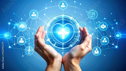 Healthcare Technology and Innovation: Hands holding digital heart with medical icons network