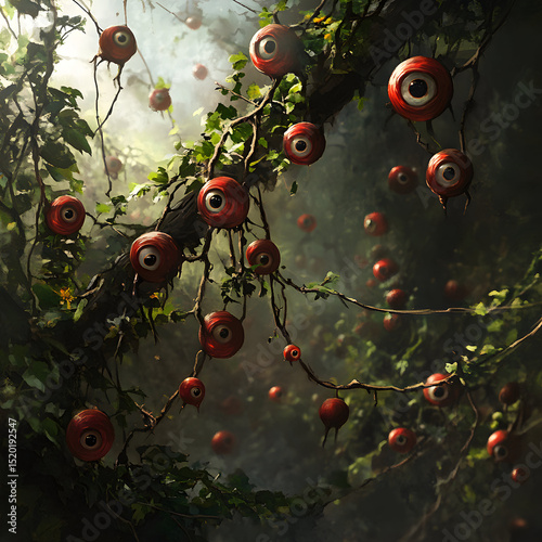 Berry bush with red berries that have eyeballs 