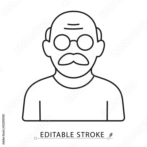 Grandfather icon in minimal black outline style with glasses and mustache on white background. Editable stroke vector for senior man, old person, family or character topics. Grandfather icon.