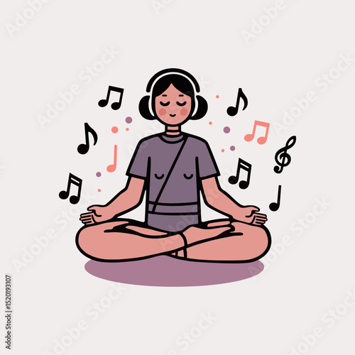 Young woman in lotus pose with relaxed mood listening to music on headphones against 