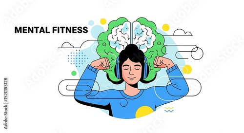 Illustrative representation of mental well-being featuring a person with headphones, brain-shaped design, and supporting graphic elements. Bright and cheerful colors evoke positivity and health.