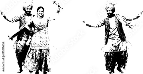 set of Indian man and woman in traditional dress performing folk dance on Lohri Festival
with white background