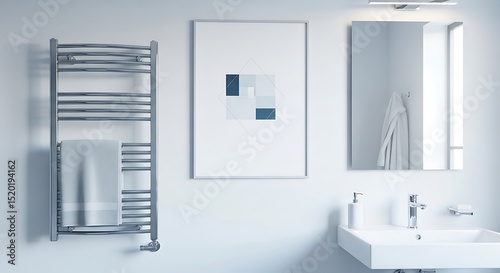 Modern bathroom interior with white walls, a towel rack, a framed artwork, a mirror, and a sink creating a minimalist and clean aesthetic.