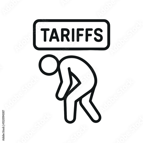 Minimal outline icon of burdened person under high tariffs pressure – economic stress concept illustration