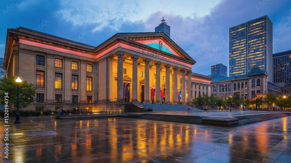 Fototapeta premium Historic courthouse building with dramatic lighting at dusk