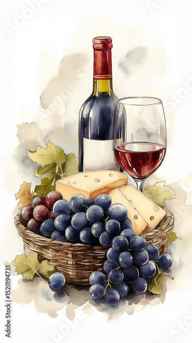 A stunningly arranged basket showcasing assorted cheese, fresh grapes, a glass of exquisite red wine, and a bottle