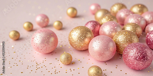 Pink and Gold Metallic Spheres with Glitter on Pastel Background