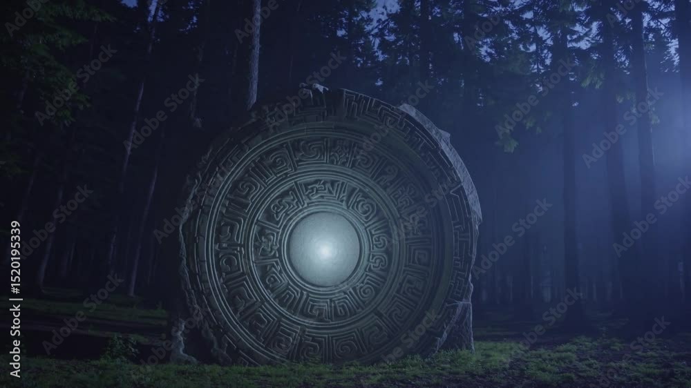 Mystérieux portail ancien illuminé au cœur d'une forêt nocturne