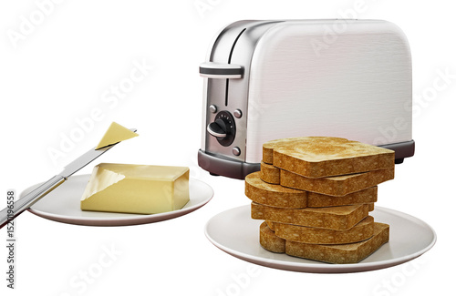 Fototapeta Naklejka Na Ścianę i Meble -  Butter and knife beside toaster and grilled bread on transparent background. 3D illustration