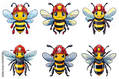European honey bee (Apis mellifera), Firefighter bee, Cute flying honeybee with fireman helmet, illustration character bug bee cartoon, with a fireman helmet, set