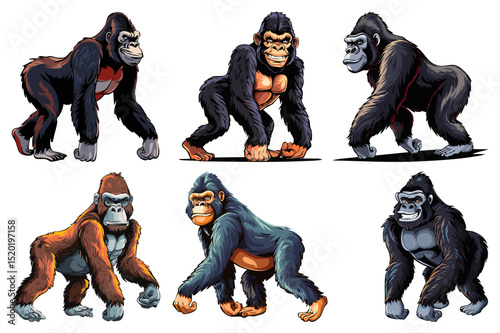 Standing Gorilla, gorilla walking slowly, Wild monkey or ape, (Gorilla gorilla) brown and black set