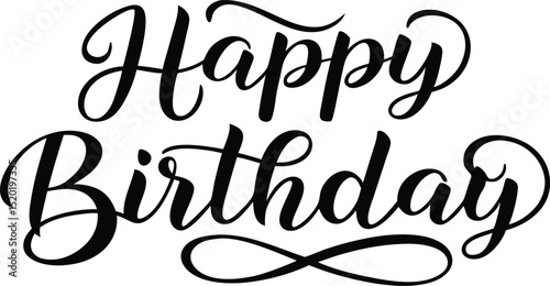 Happy Birthday Calligraphy Text Design - Elegant Black Lettering for Greeting Cards, Posters, and Decor