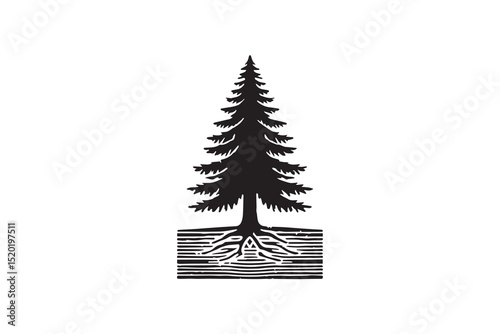 A logwood tree stamp silhouette with a simple, understated design set against a white background