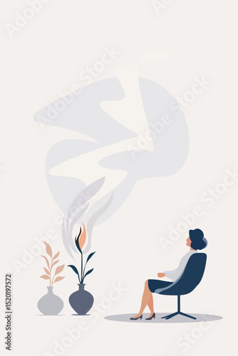Work, Business, Therapy, Psychotherapy, Doctor, Listening, Woman, Flowers, Office, Artwork, Vector