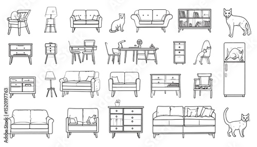 Simple line art of furniture and cats