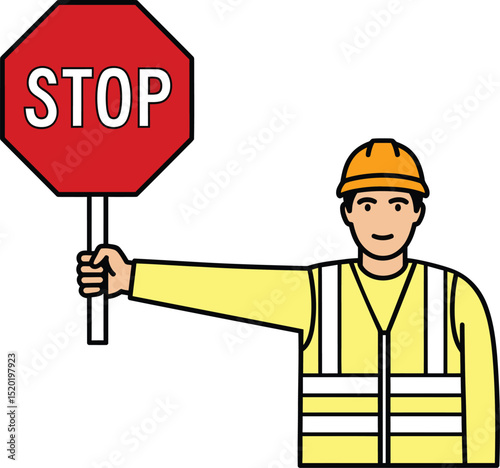 Construction Worker Holding Stop Sign Safety and Caution Illustration, Vector icon of flagger holding stop sign for traffic control 