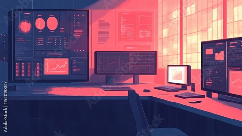Modern office workspace with multiple digital screens and graphs