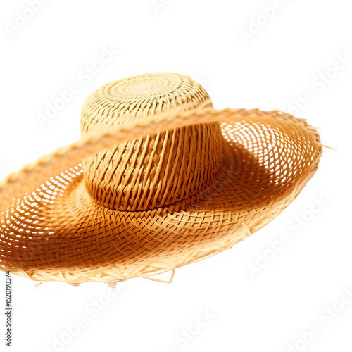 Extreme macro close-up of summer straw hat with soft shadows, sharp focus, expressive composition, detailed woven texture, isolated, transparent background

