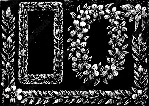A black and white sketch vector of floral wreaths and frames made from wildflowers and leaves