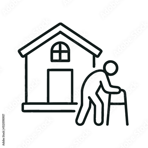 Senior person with walker in front of house – elderly care and assisted living icon. Nursing home