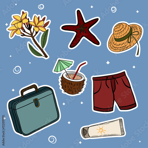 Summer travel set collections with different elements icon stickers. Hand drawn outline summer vibe set. Summer time tropical elements