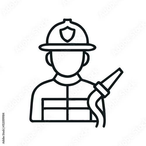 Firefighter icon with helmet and water hose outline style – emergency rescue professional symbol