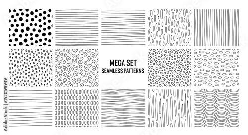 Mega Set of Hand-Drawn Seamless Patterns Geometric, Minimalist Textures for Design