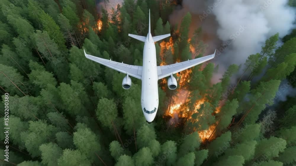 Aerial plane observes wildfire spreading through dense forest canopy