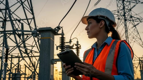 Woman engineer inspecting energy infrastructure. Electrical worker uses tablet at power substation control room. Transmission line inspection system footage.
